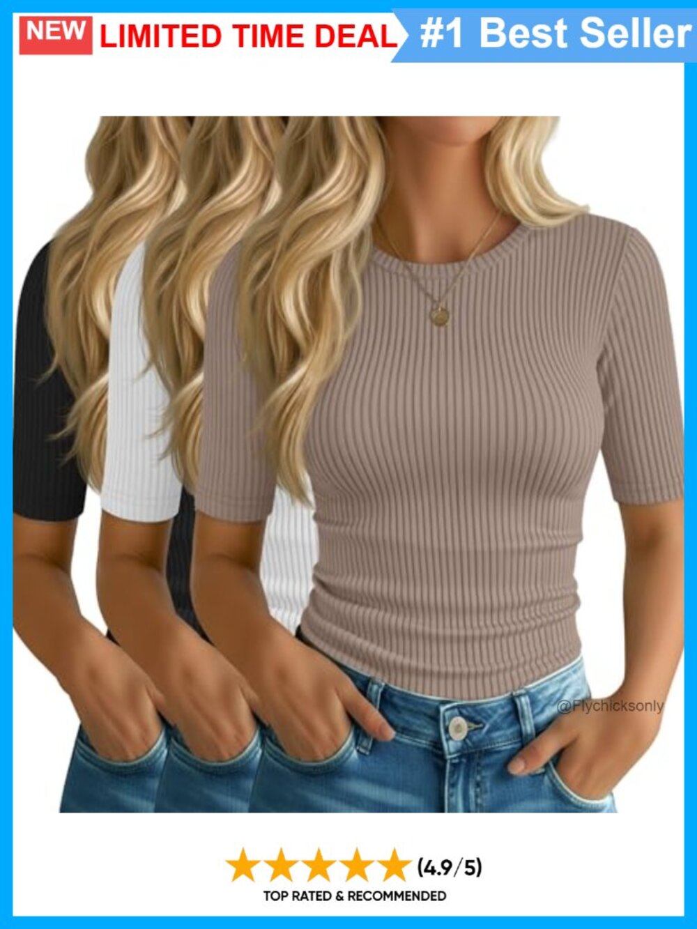 3 Pack Women's Ribbed Elbow Length Tees Cotton Spandex Slim Fit Crew Neck